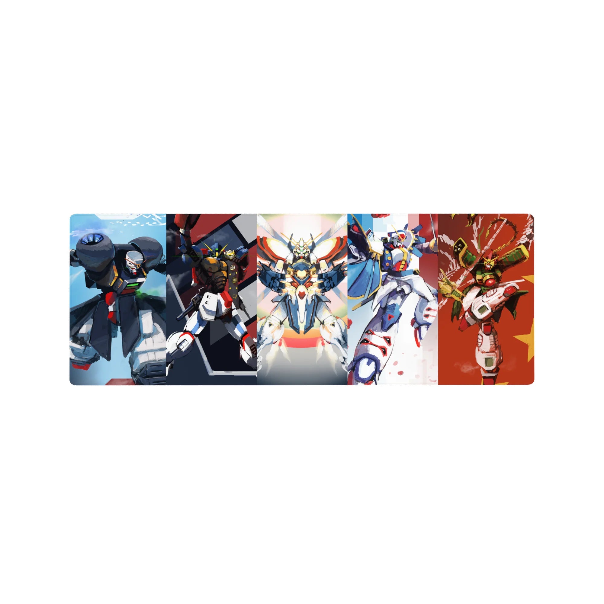 32x12 inches anime mouse pad with five-panel Gundam Wing squad art: Heavyarms, Deathscythe, Zero, Sandrock, Shenlong.
