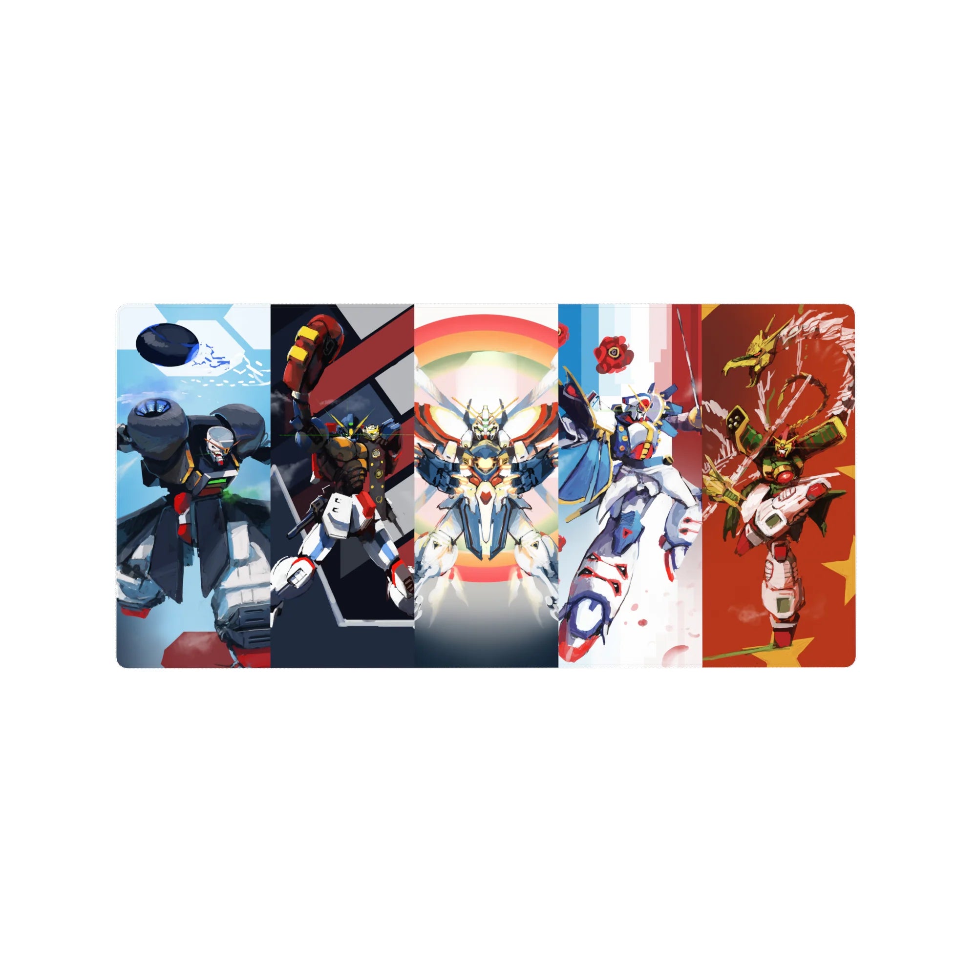 32x16 inches anime mouse pad with five Gundam mecha squad in a bold five-panel desktop collage.