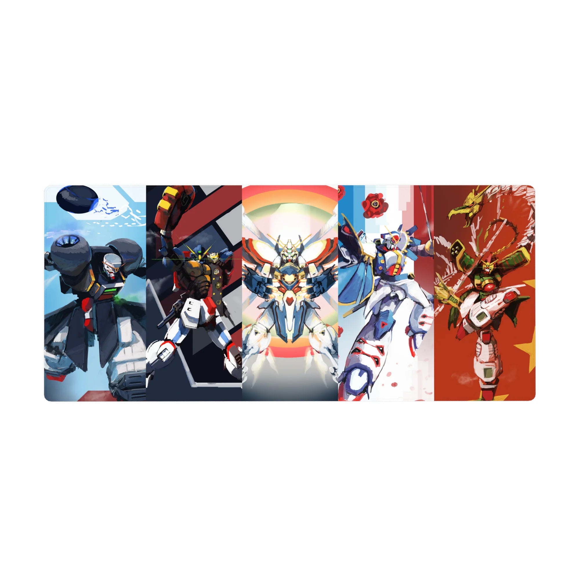 Gundam Wing five-panel squad anime desk pad, 36x16 inches, with Heavyarms, Deathscythe and more.