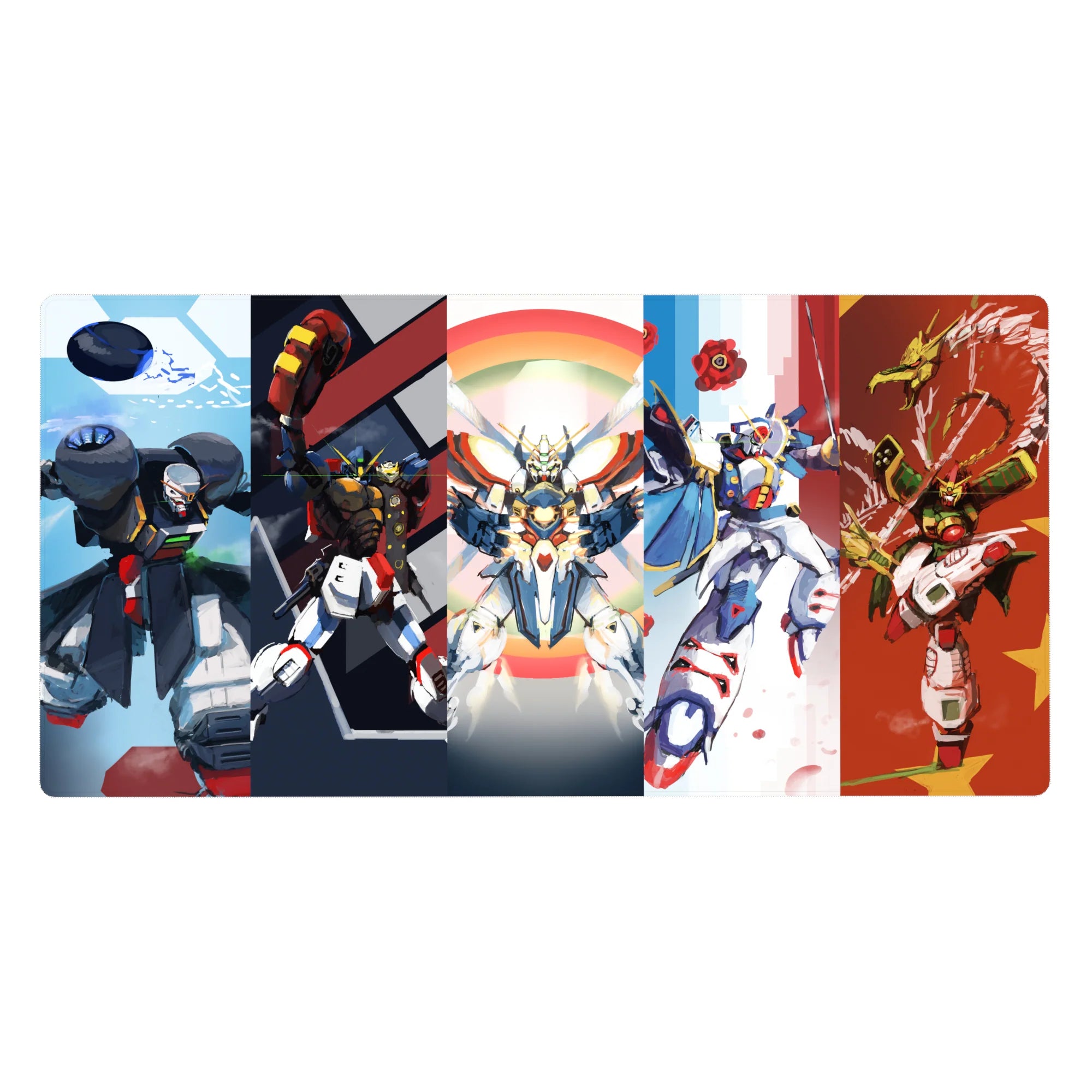 Gundam Wing five-panel squad anime desk pad, 40x20 inches, featuring Heavyarms, Deathscythe, Zero.
