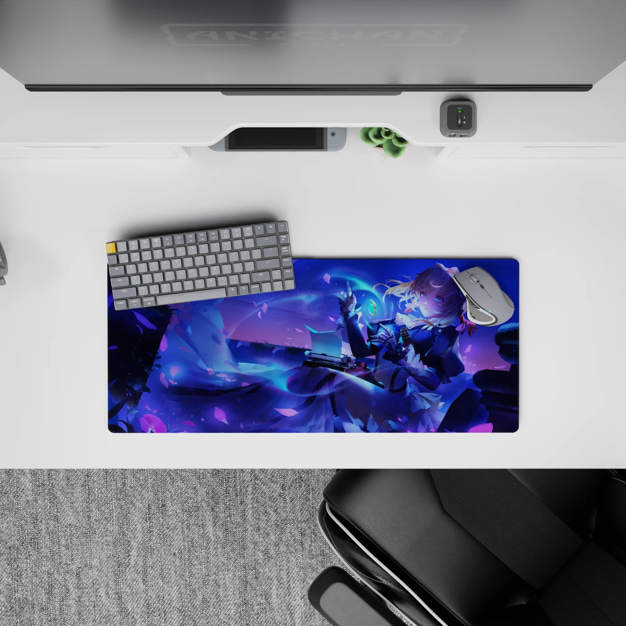 28x12 inches anime girl mouse pad in neon blues and deep violet, cozy fantasy romance vibe, high contrast.