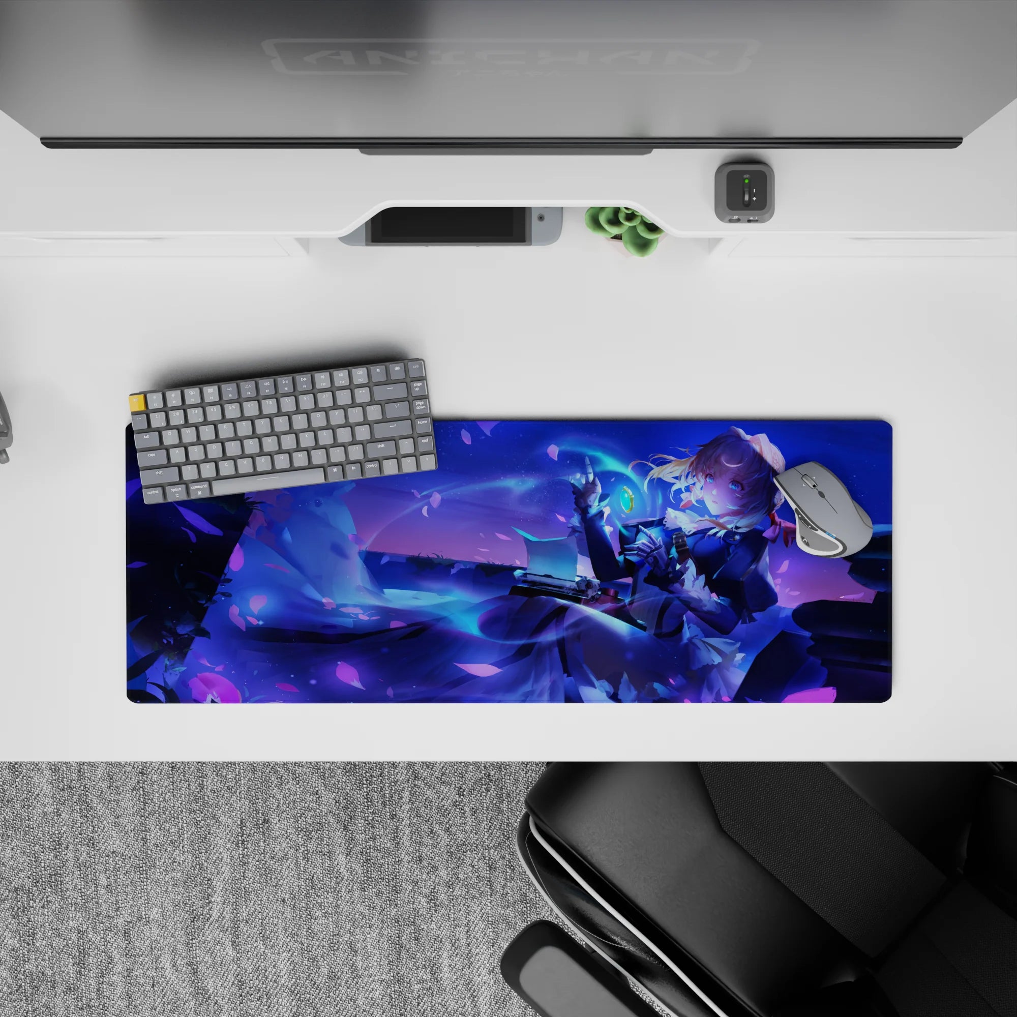 32x12 inches anime girl mouse pad in neon blues and deep violets, dreamy romantic fantasy desk mat.