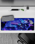 32x12 inches anime girl mouse pad in neon blues and deep violets, dreamy romantic fantasy desk mat.