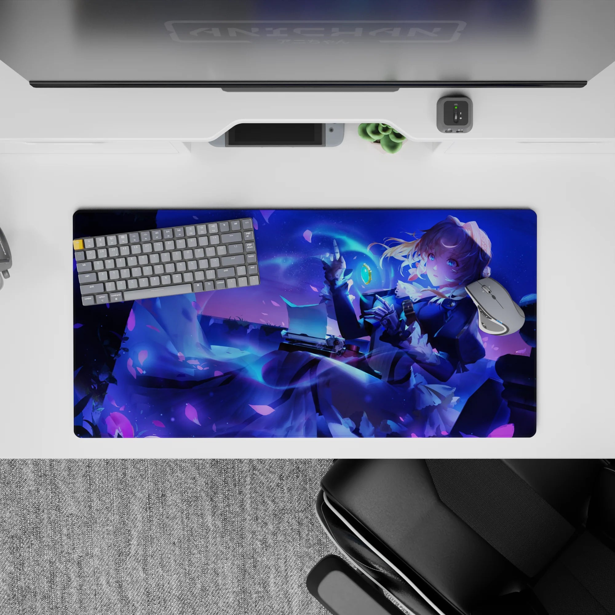 Neon blue and violet fantasy anime girl mouse pad 32x16 inches with cozy romance and sharp contrast.