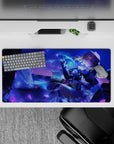 Neon blue and violet fantasy anime girl mouse pad 32x16 inches with cozy romance and sharp contrast.