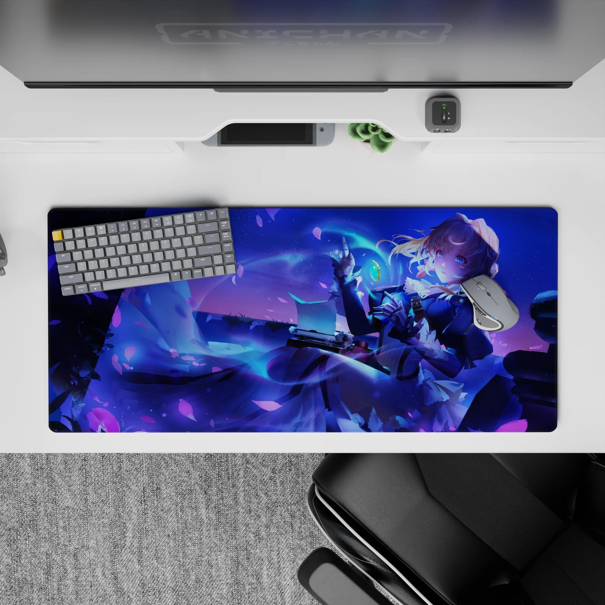 Neon blue and violet fantasy anime girl desk pad 36x16 inches with cozy romantic cinematic glow.