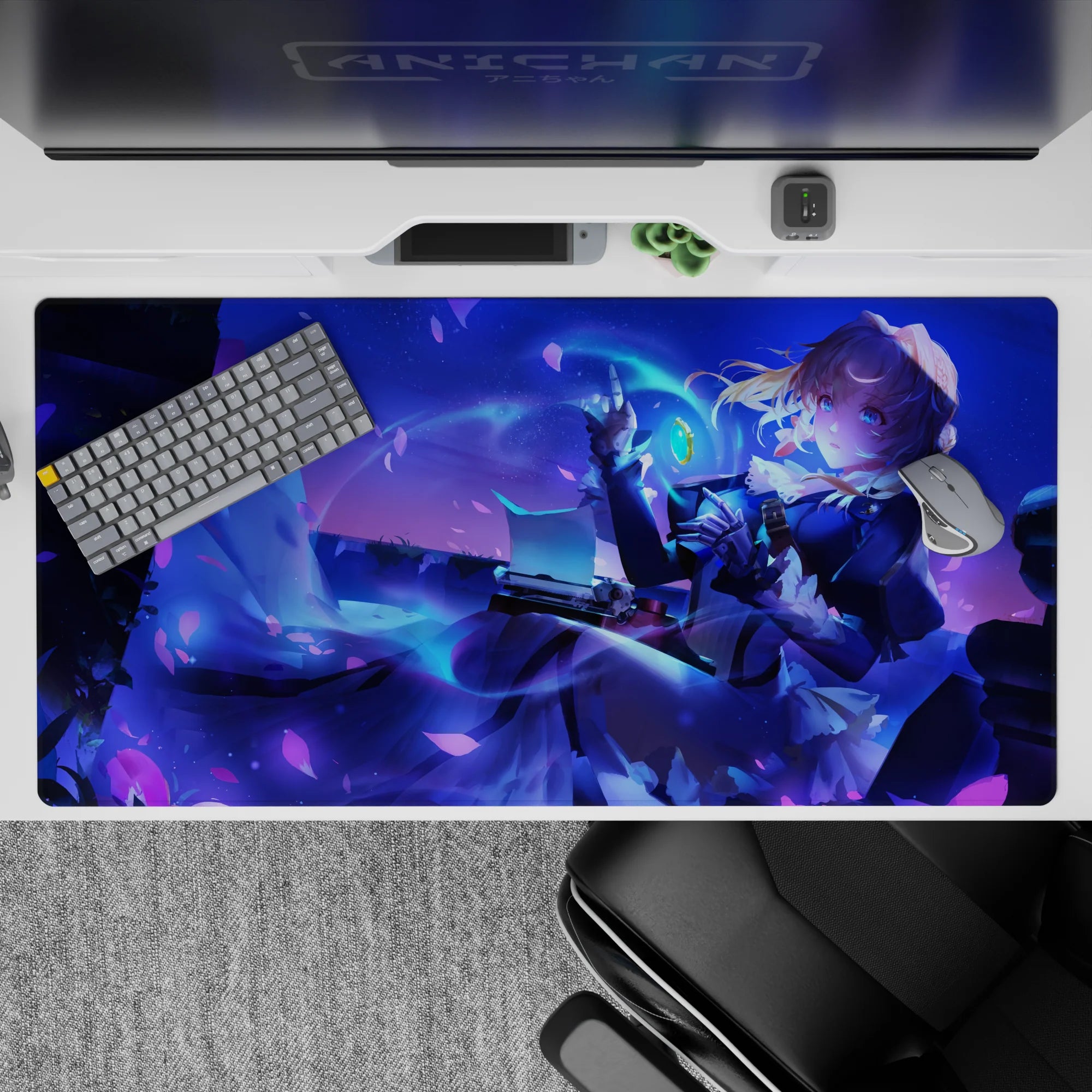 Neon blue and violet fantasy anime desk pad 40x20 inches with dreamy romance vibe and bold contrast.