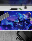 Neon blue and violet fantasy anime desk pad 40x20 inches with dreamy romance vibe and bold contrast.