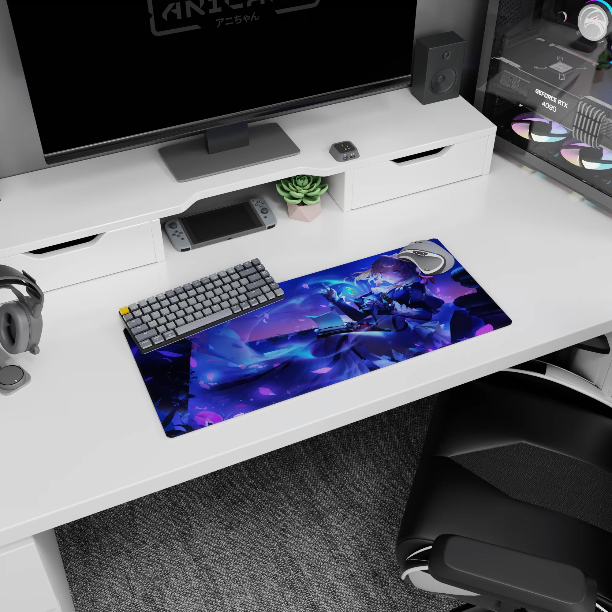 28x12 inches anime desk mat showing golden-haired heroine lounging, swirling skirt, petals, magic charm.
