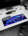 32x12 inches anime girl mouse pad with golden-haired heroine smirking, swirling skirt, and floating green charm.
