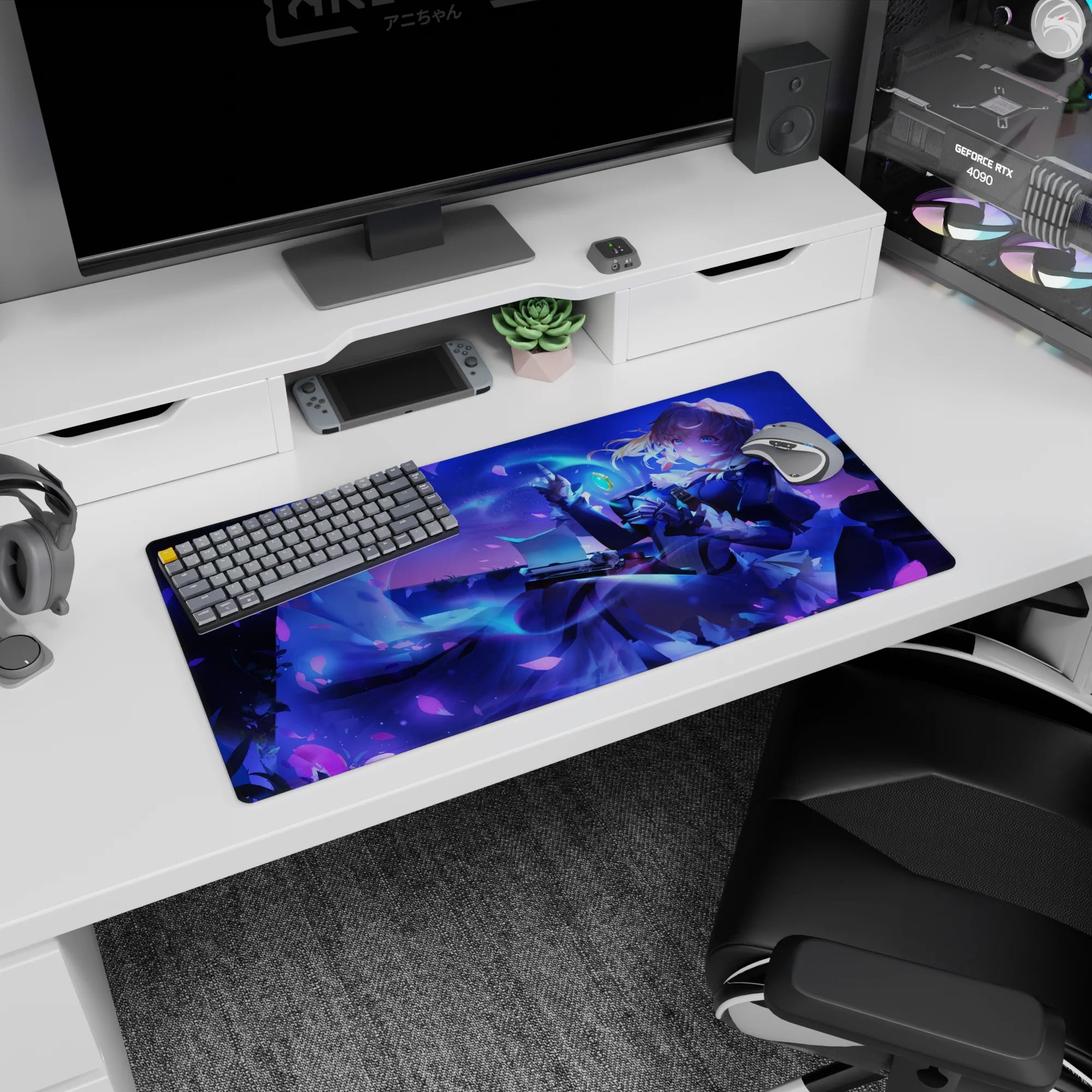 Golden-haired anime heroine lounging with a daring smirk, swirling skirt, 32x16 inches mouse pad.