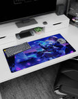 Golden-haired anime heroine lounging with a daring smirk, swirling skirt, 32x16 inches mouse pad.