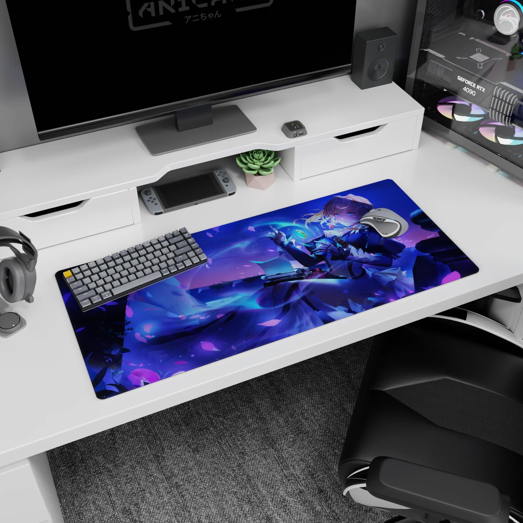 Golden-haired anime heroine lounging with smirk, swirling skirt and floating green charm desk pad 36x16 inches.