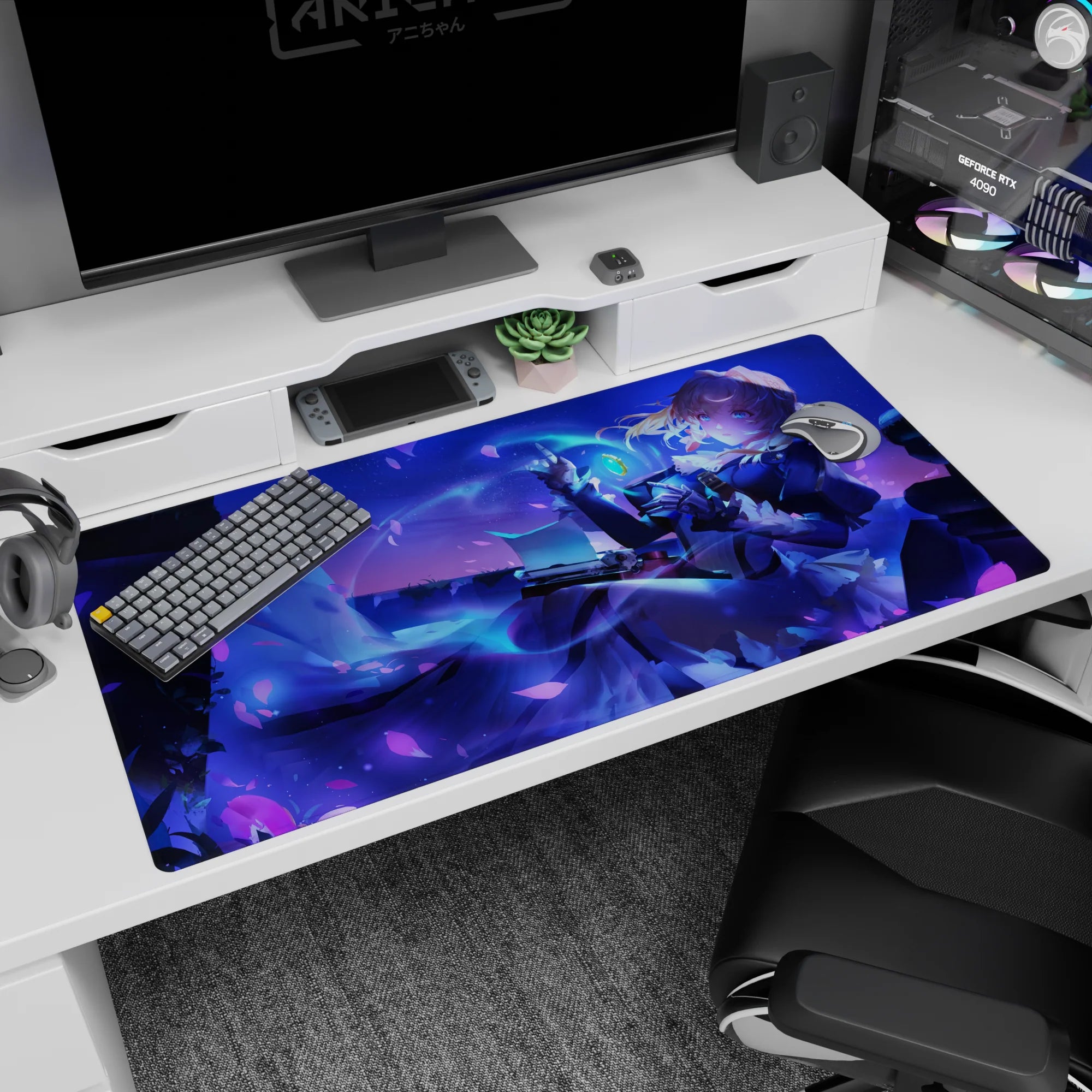 Golden-haired anime heroine lounging with smirk, raised hand and floating green charm desk pad 40x20 inches.