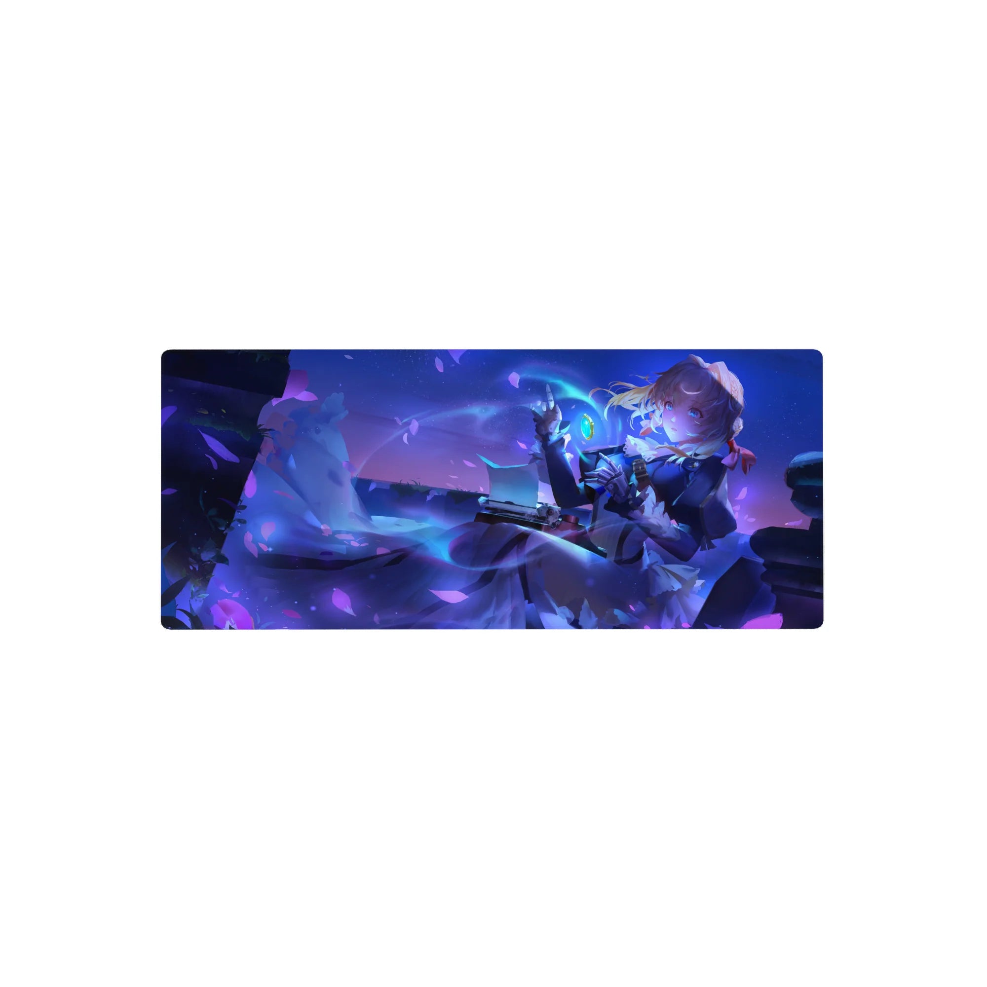 28x12 inches anime girl mouse pad with violet night petals, navy dress, white frills, and green charm.