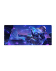 28x12 inches anime girl mouse pad with violet night petals, navy dress, white frills, and green charm.