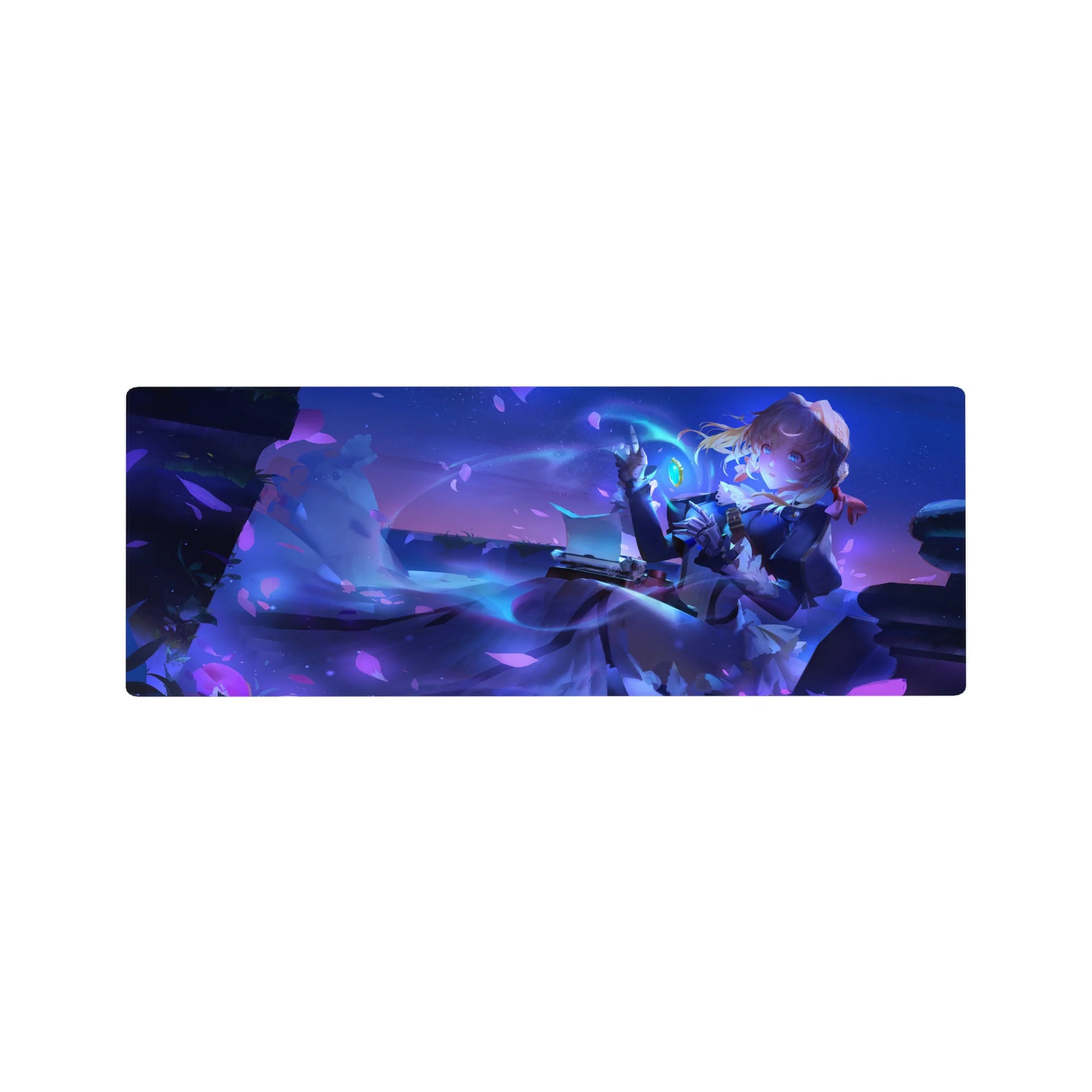 32x12 inches anime girl mouse pad with violet night petals, navy dress, white frills, and magic charm.