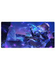 Anime girl mouse pad 32x16 inches with violet petals, navy dress, white frills, and floating green charm.