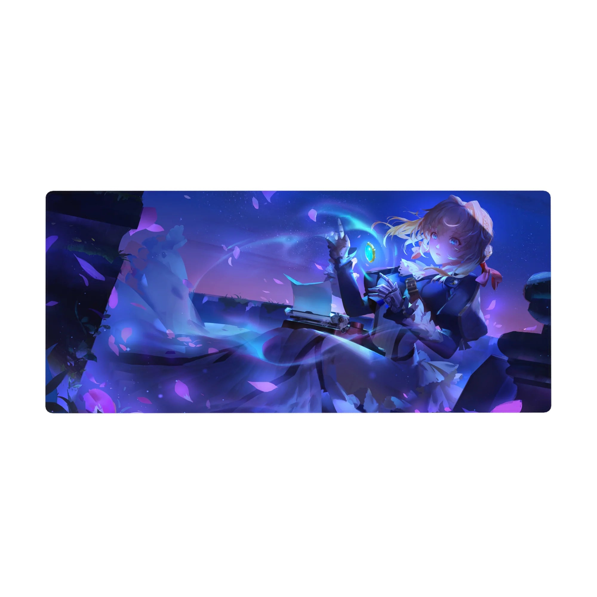 Anime girl desk pad 36x16 inches with violet night petals, navy dress, white frills, and magic charm.