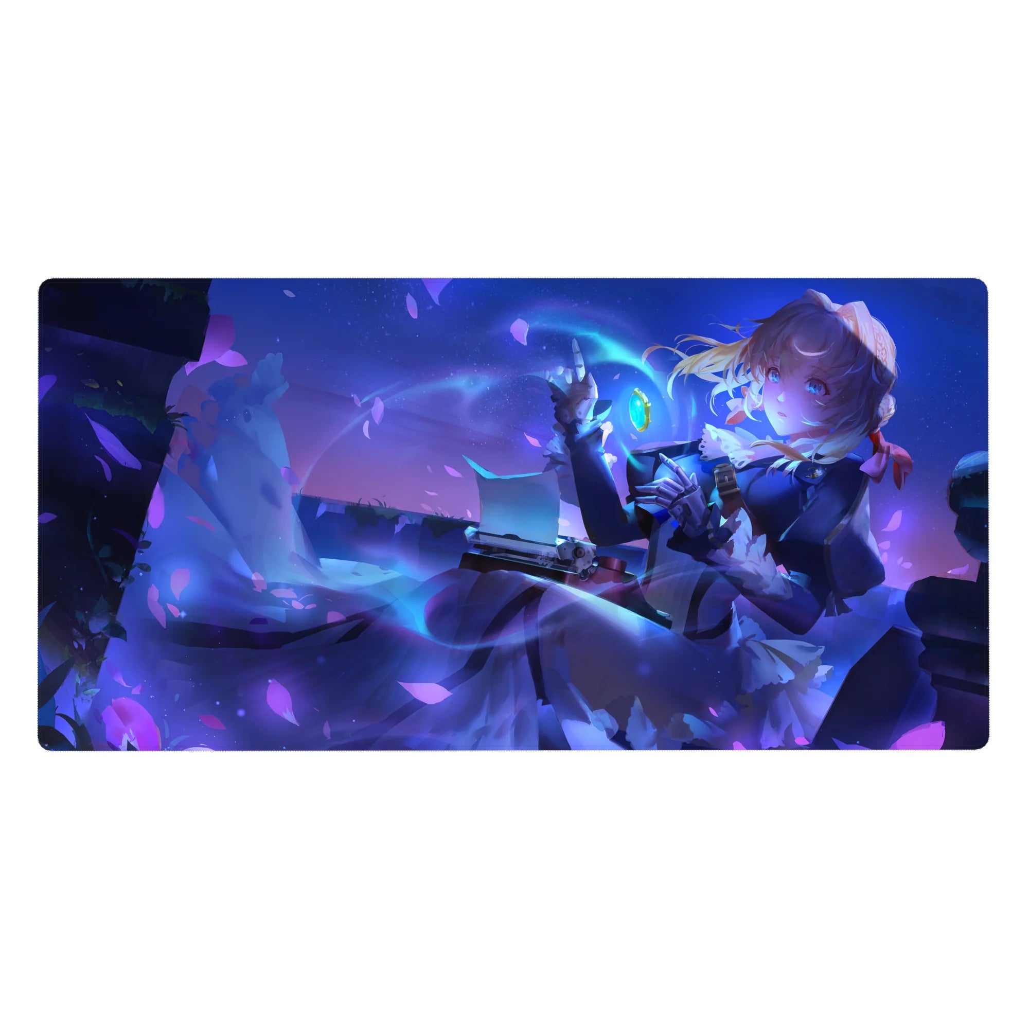 Violet night anime girl desk pad 40x20 inches with swirling skirt, navy dress, white frills, green charm.
