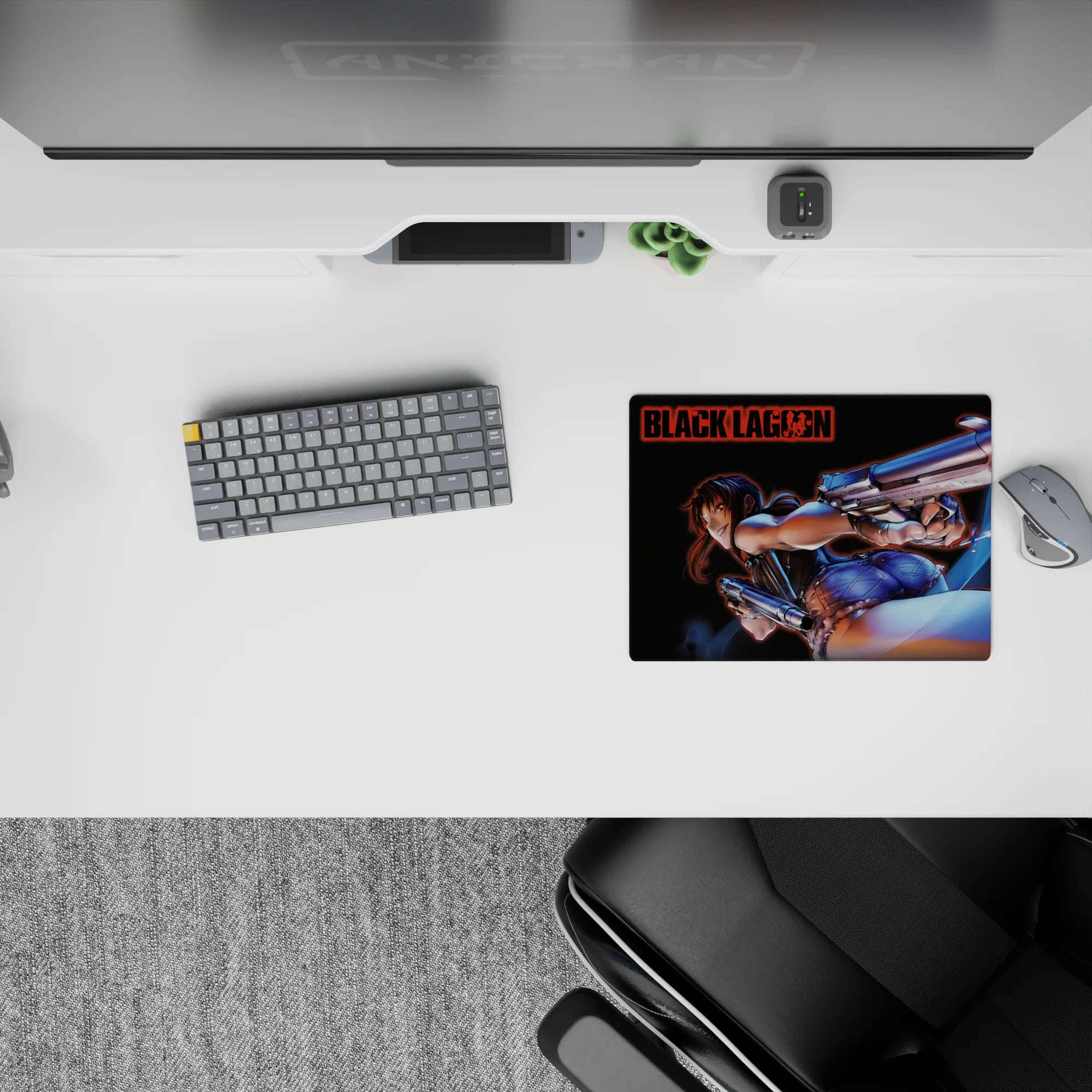 Neon-blue glow on deep black anime mouse pad 14x10 inches, fast edgy vibe for gaming and work.