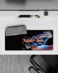 28x12 inches anime girl mouse pad in deep blacks with neon-blue glow, smoky shadows, fast edgy cyber vibe.