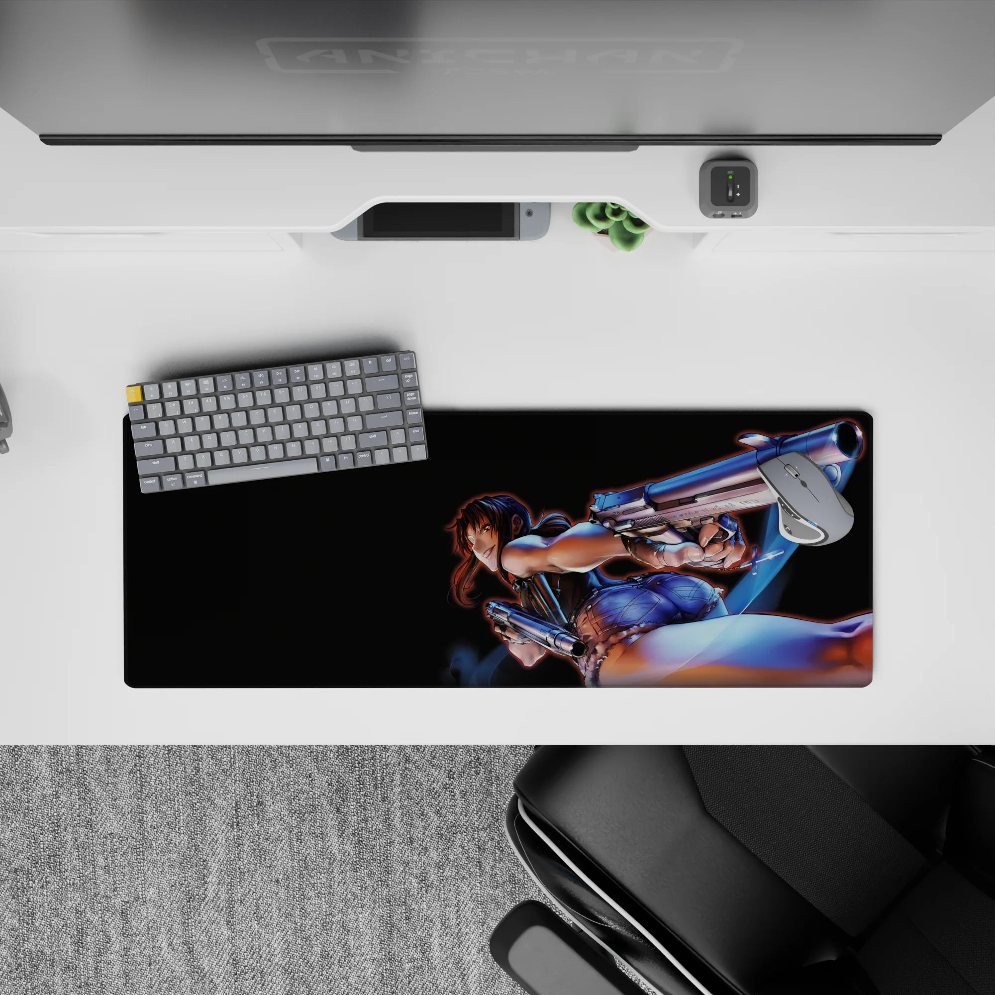 32x12 inches neon-blue glow anime desk mat with deep blacks, smoky shadows, gritty high-speed vibe.