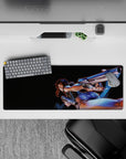 32x12 inches neon-blue glow anime desk mat with deep blacks, smoky shadows, gritty high-speed vibe.