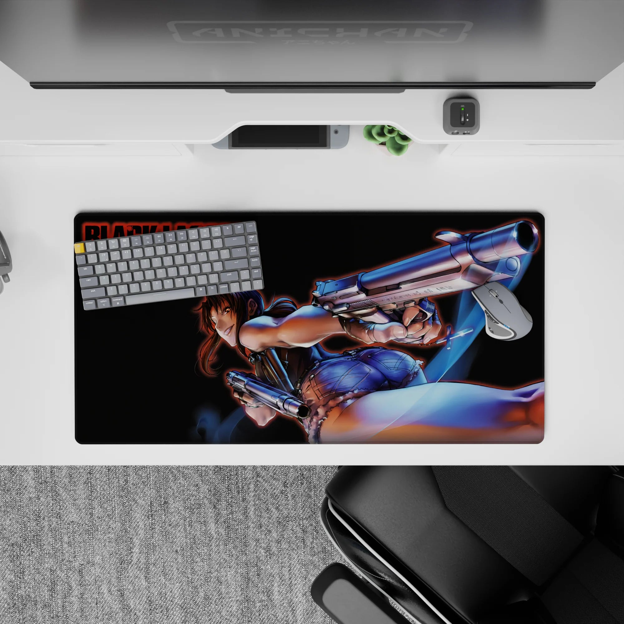 32x16 inches neon-blue glow anime desk mat with deep blacks, smoky shadows, and a fast, edgy vibe.