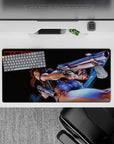 32x16 inches neon-blue glow anime desk mat with deep blacks, smoky shadows, and a fast, edgy vibe.