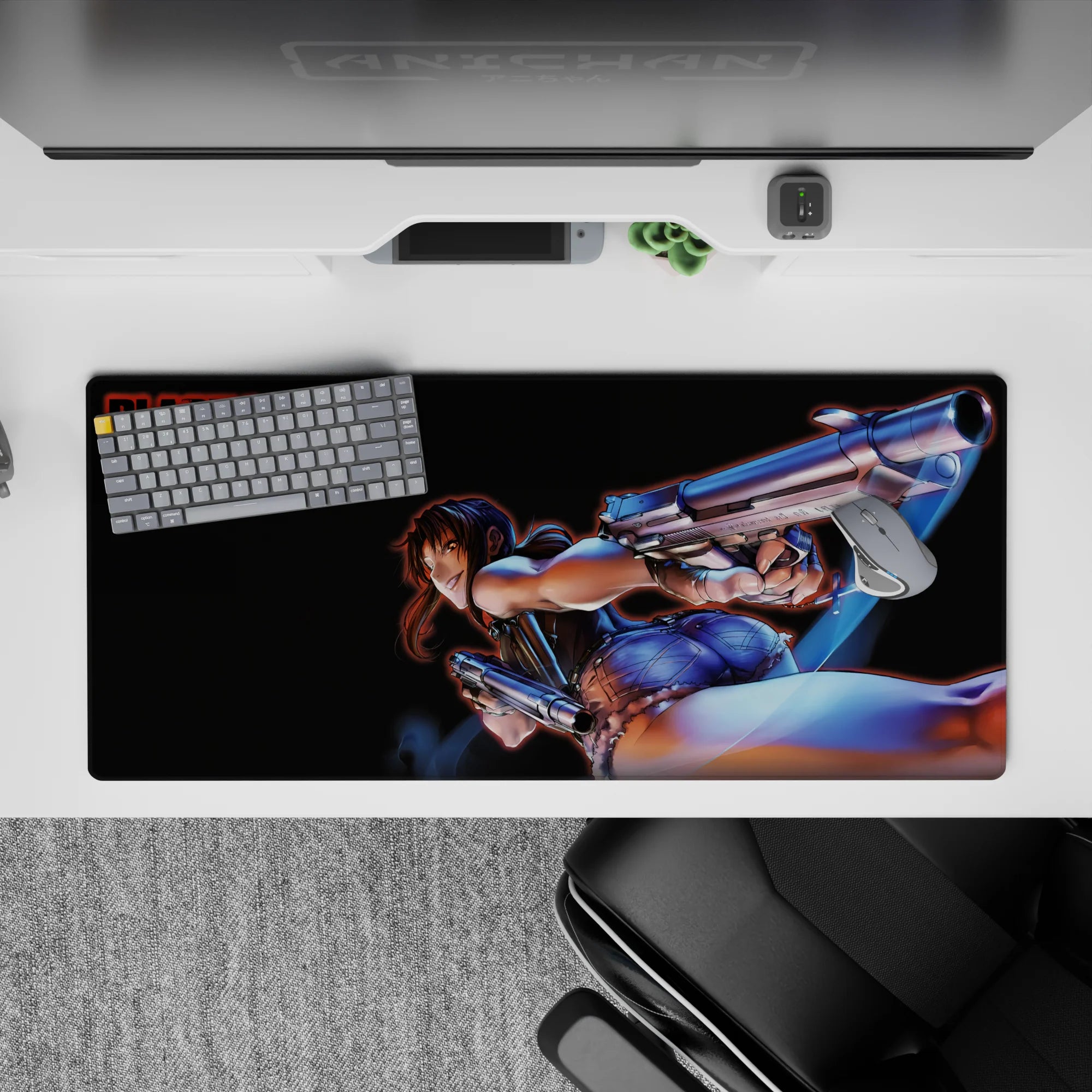 Neon-blue glow on deep black anime girl desk pad 36x16 inches, gritty fast vibe for gaming and work.