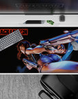 Neon-blue glow anime girl desk pad 40x20 inches with deep blacks, smoky shadows, fast edgy vibe.