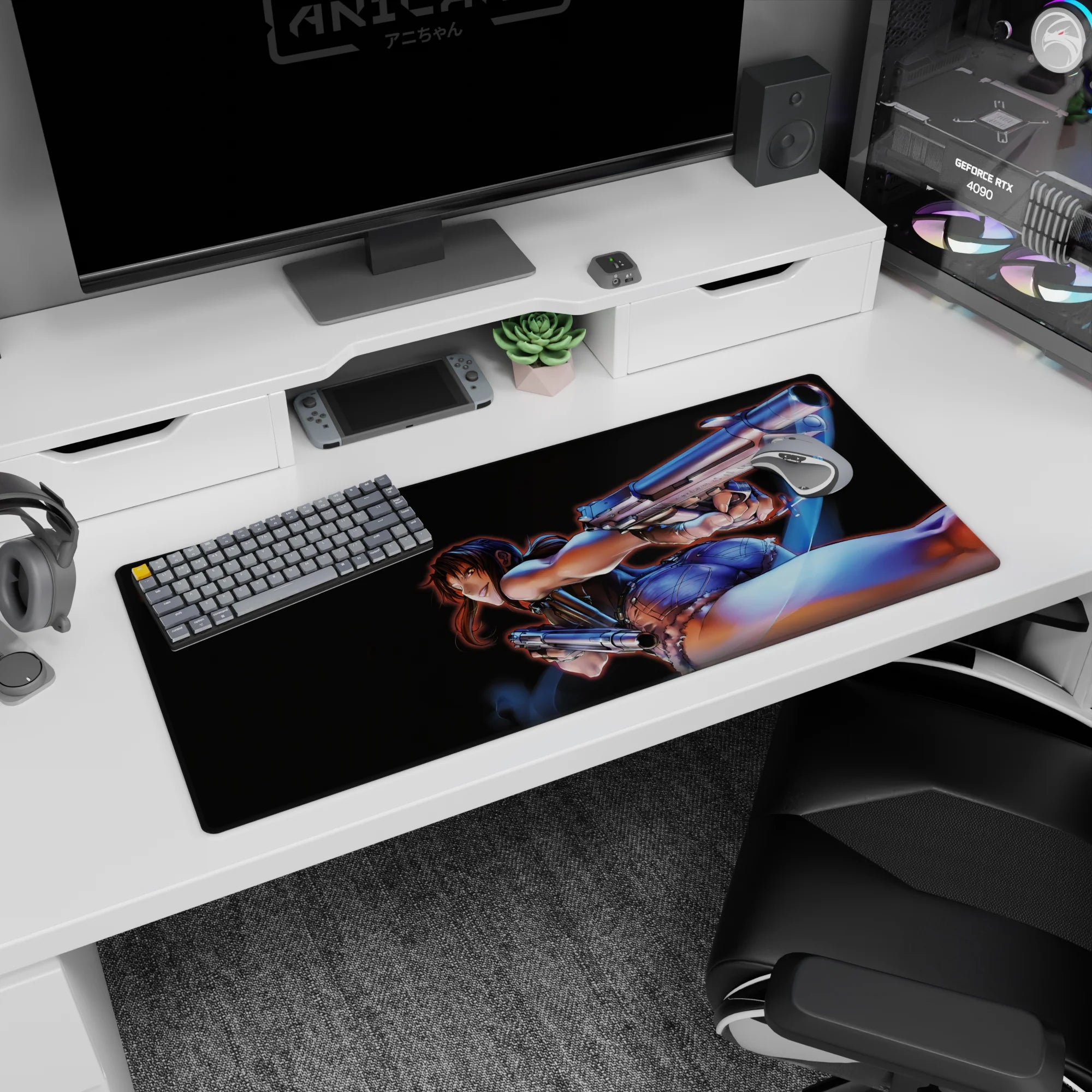 Revy mid-twist with dual pistols and sharp grin on anime desk pad 36x16 inches, glossy highlights.
