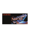 28x12 inches anime girl mouse pad with action pose, twin pistols, cropped top, denim shorts, gritty title stamp.