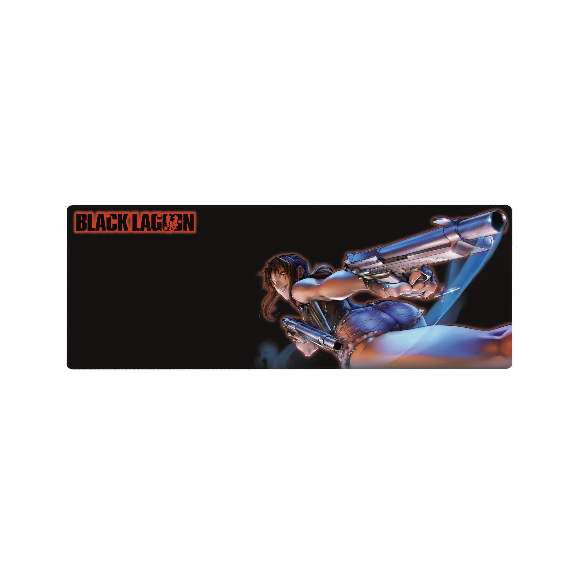 32x12 inches anime girl mouse pad with Revy action pose, twin pistols, cropped top, denim shorts.