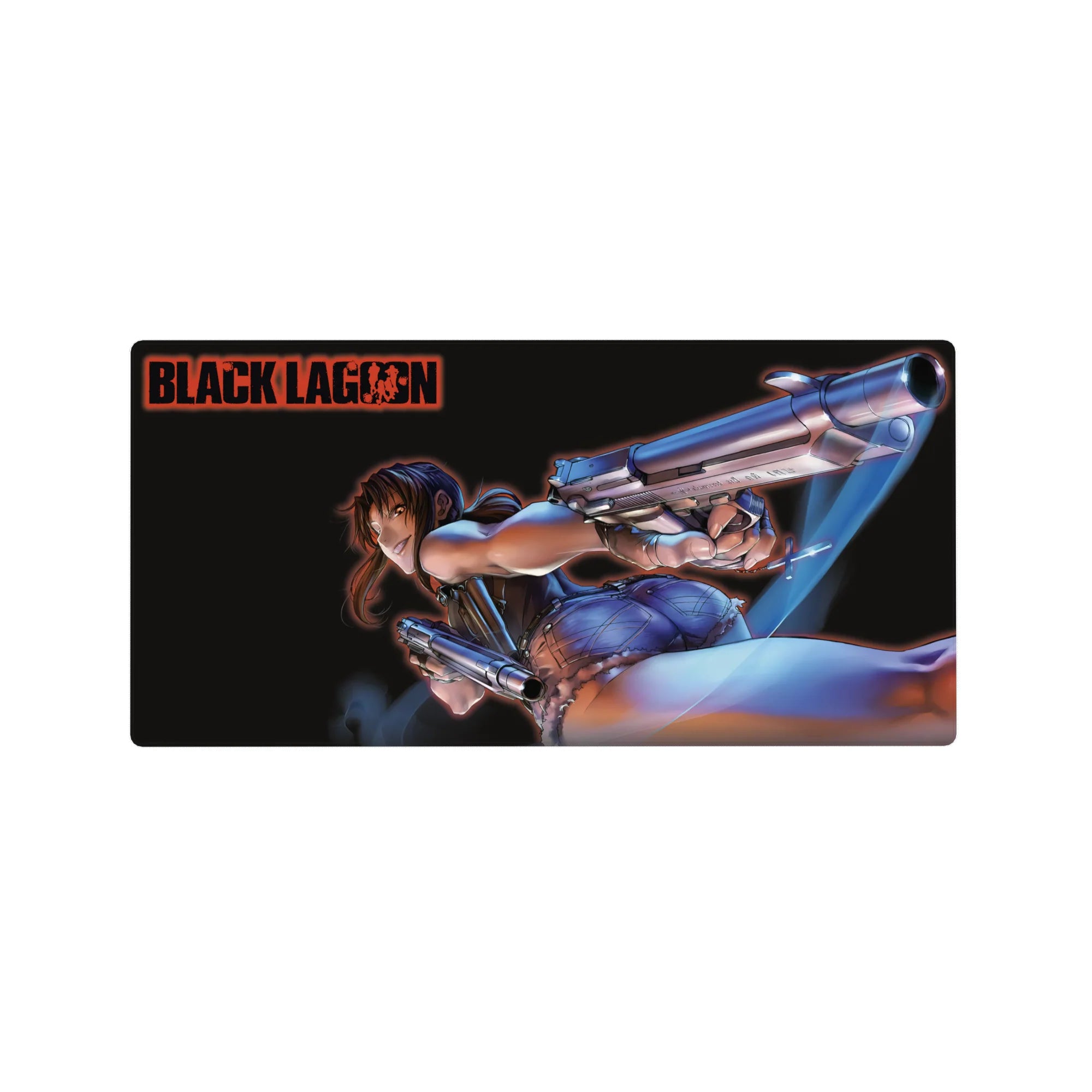 32x16 inches anime girl mouse pad featuring Revy action pose, twin pistols, gritty Black Lagoon style.