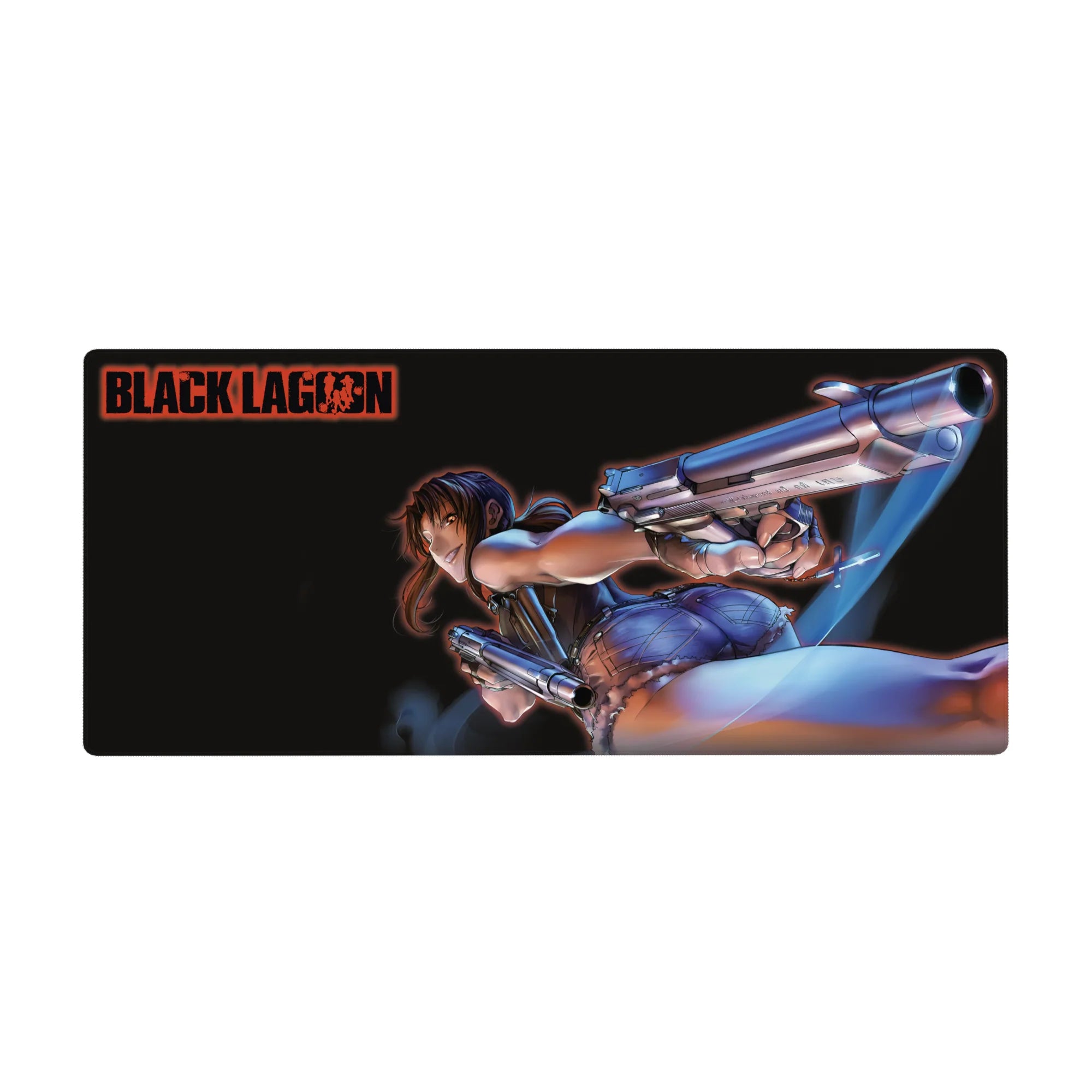 Black Lagoon Revy anime girl desk pad 36x16 inches with twin pistols, bold action pose and title stamp.