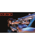 Anime girl desk pad 40x20 inches with action pose, twin pistols, gritty title stamp, smooth surface.