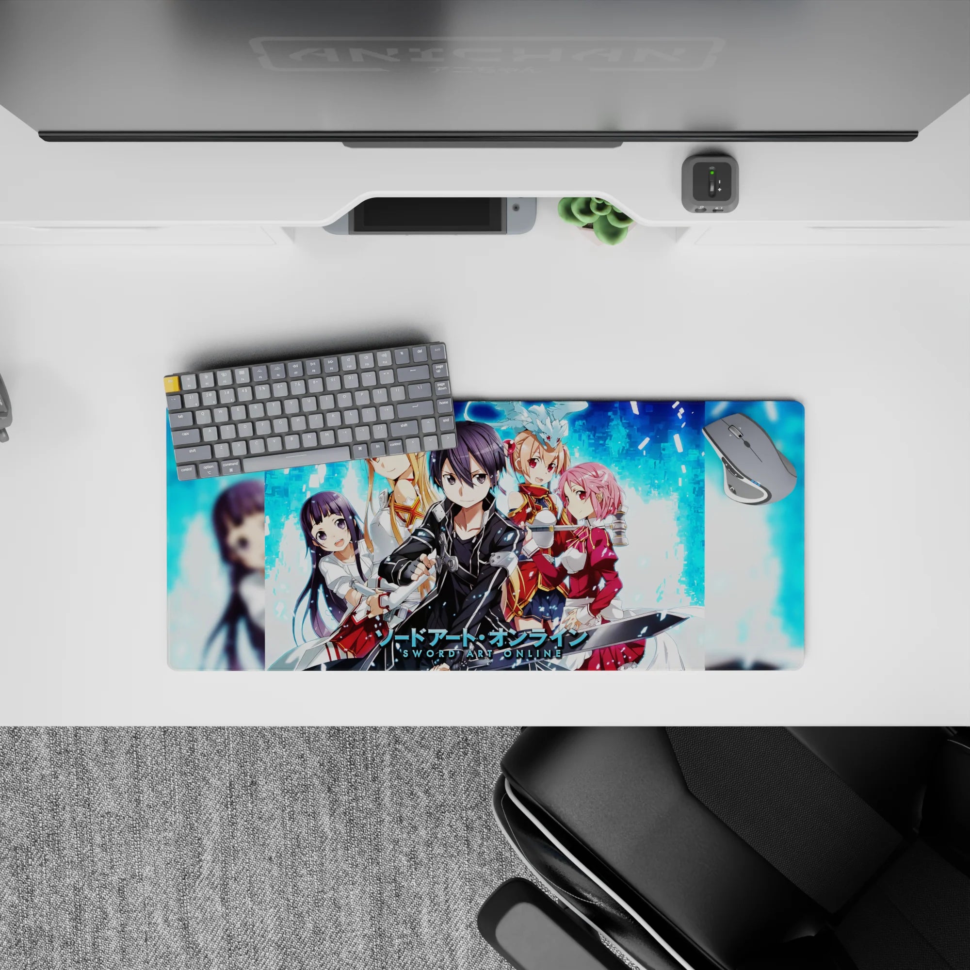 Sword Art Online mouse pad 28x12 inches featuring Kirito, Asuna, Silica, Lisbeth, Yui in pixelated blue and digital fire.