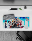 Sword Art Online mouse pad 28x12 inches featuring Kirito, Asuna, Silica, Lisbeth, Yui in pixelated blue and digital fire.