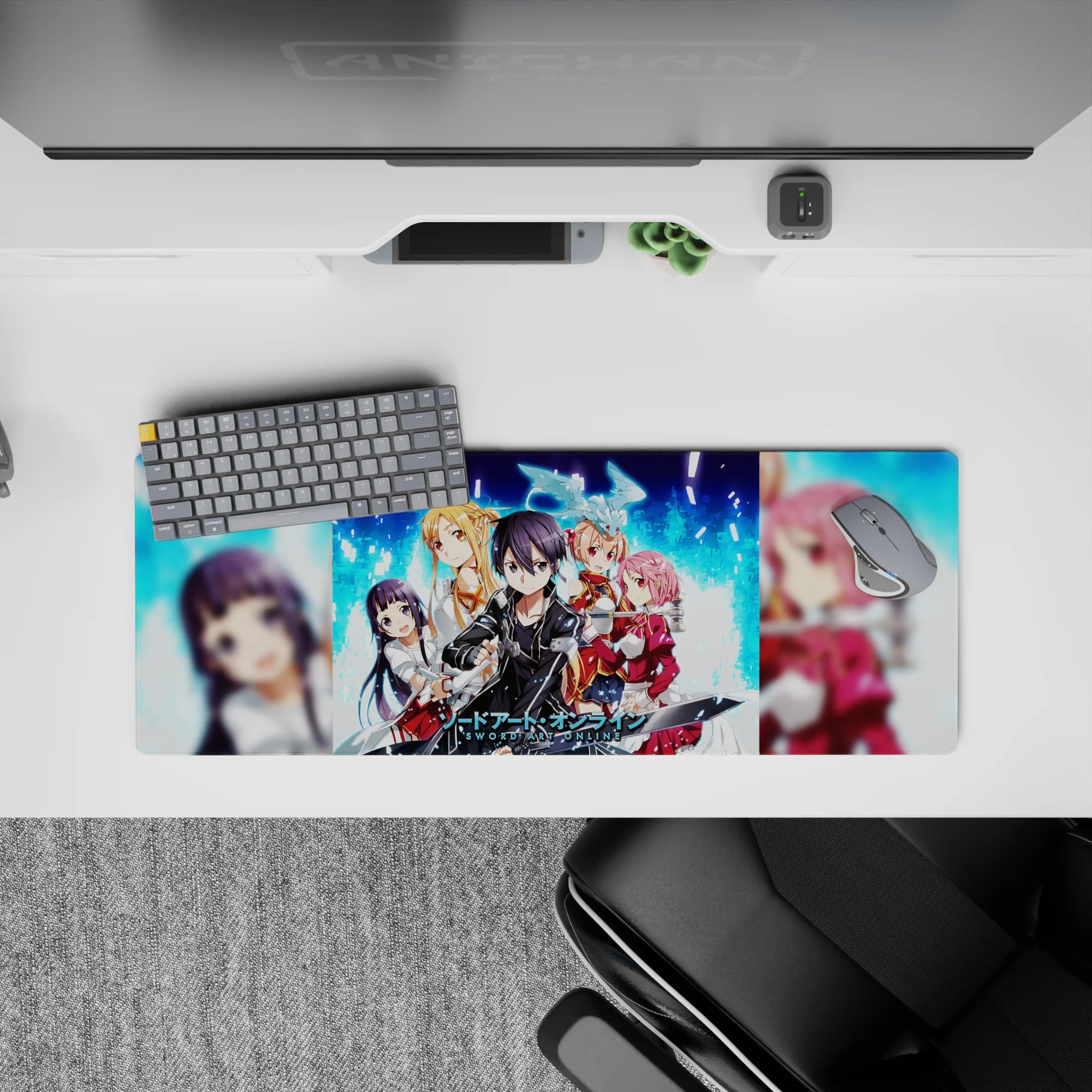 Sword Art Online mouse pad 32x12 inches featuring Kirito, Asuna, Silica, Lisbeth, Yui in pixelated blue and digital fire.