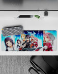 Sword Art Online mouse pad 32x12 inches featuring Kirito, Asuna, Silica, Lisbeth, Yui in pixelated blue and digital fire.