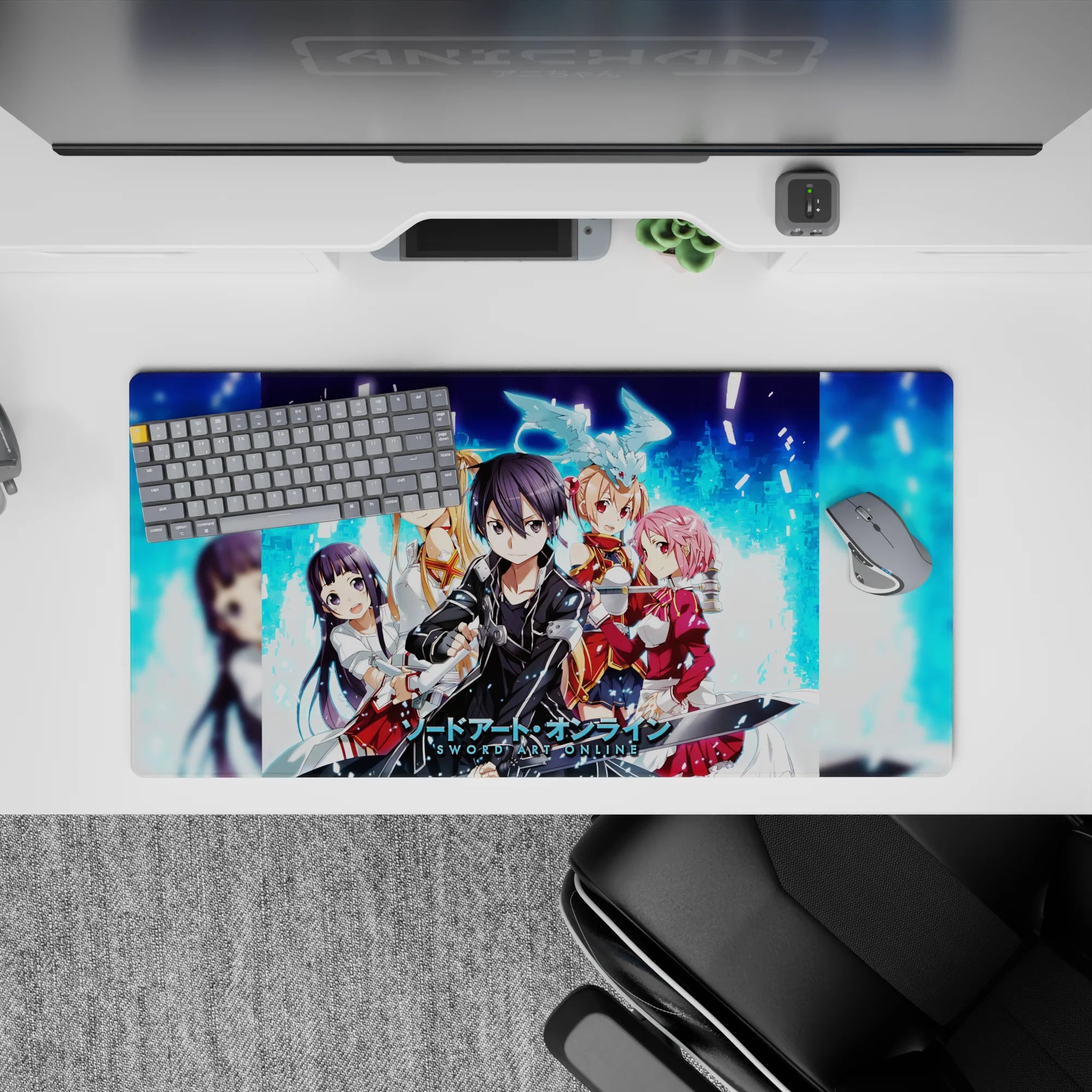 Anime mouse pad featuring Kirito, Asuna, Silica, and more from Sword Art Online, 32x16 inches, vibrant and nostalgic.
