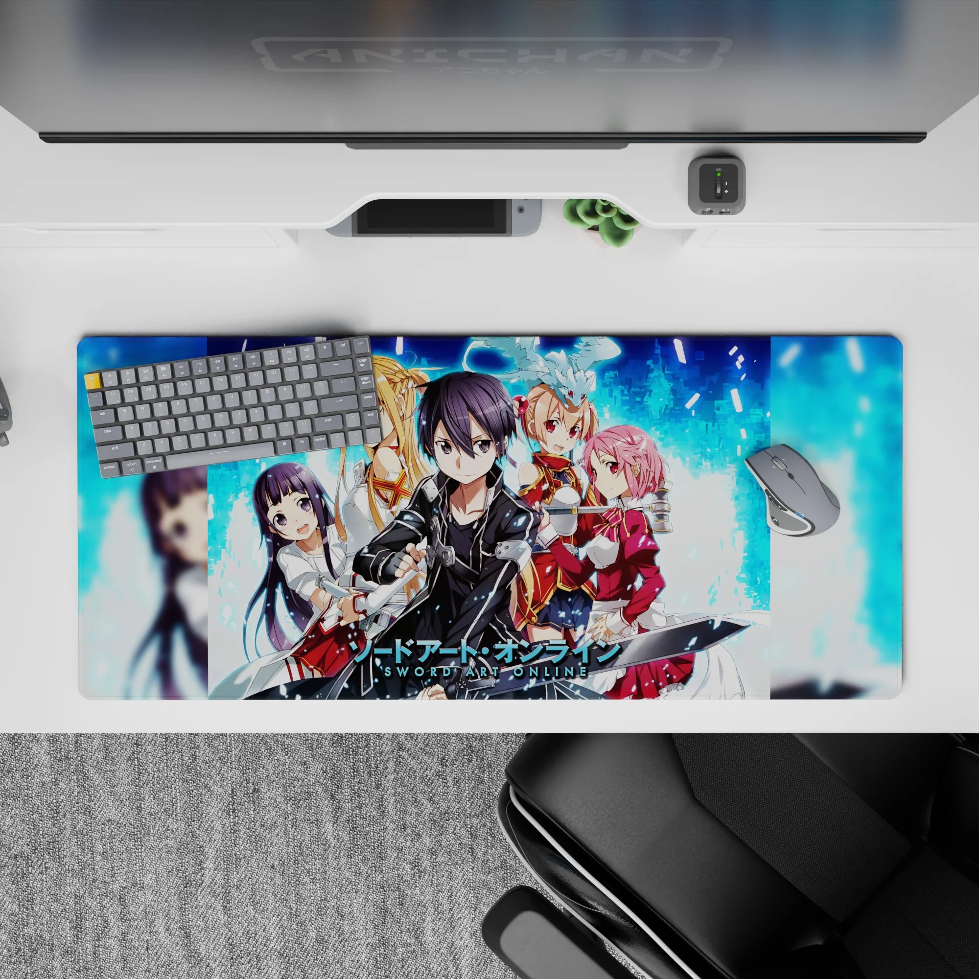 Sword Art Online desk pad 36x16 inches featuring Kirito, Asuna, Silica, Lisbeth, and Yui in pixelated blue and digital fire.