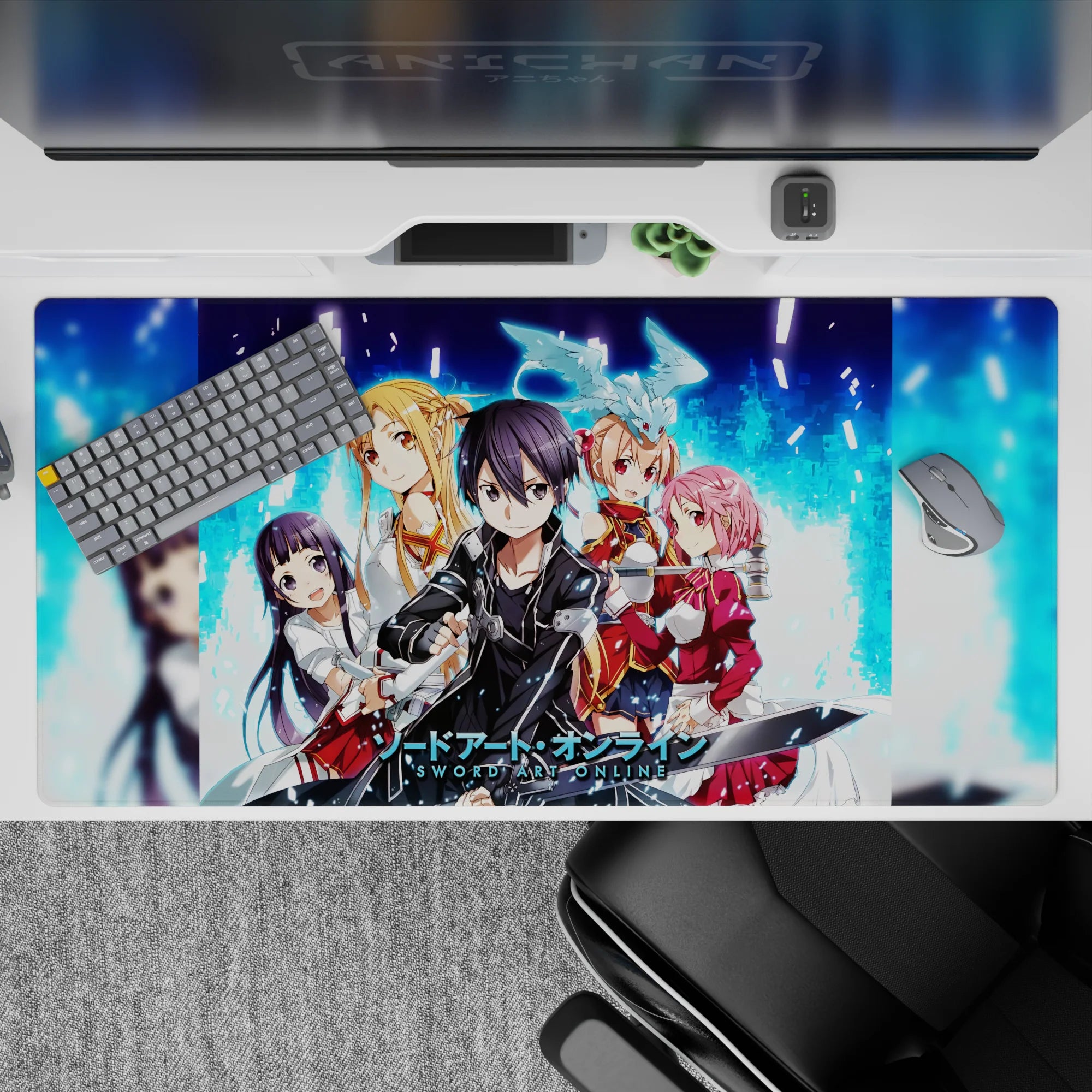 Sword Art Online desk pad 40x20 inches featuring Kirito, Asuna, and more in vibrant pixelated blue and digital fire.