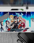 Sword Art Online desk pad 40x20 inches featuring Kirito, Asuna, and more in vibrant pixelated blue and digital fire.
