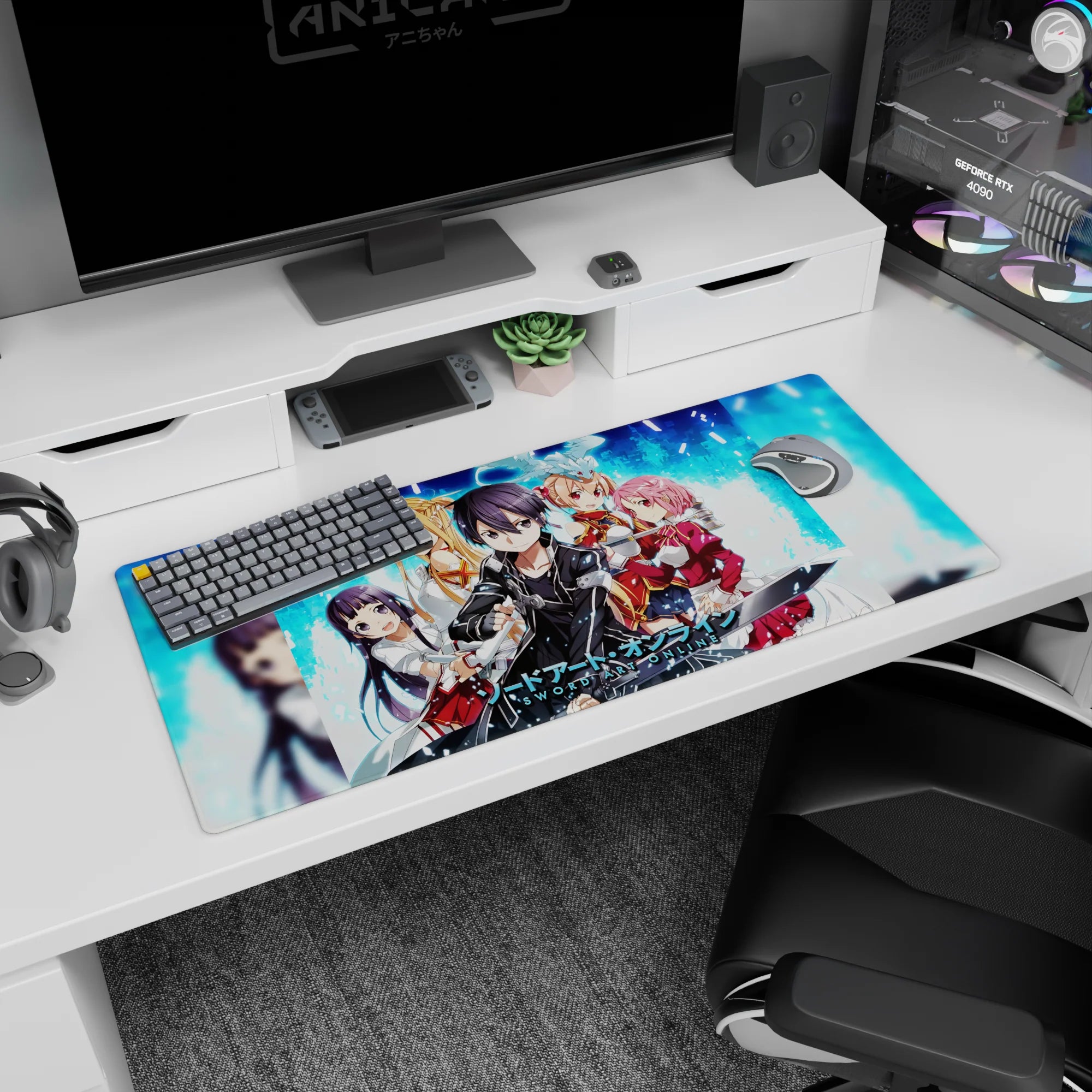 Sword Art Online desk pad 36x16 inches featuring Kirito, Asuna, Silica, Lisbeth, and Yui in pixelated blue and digital fire.