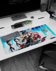 Sword Art Online desk pad 36x16 inches featuring Kirito, Asuna, Silica, Lisbeth, and Yui in pixelated blue and digital fire.