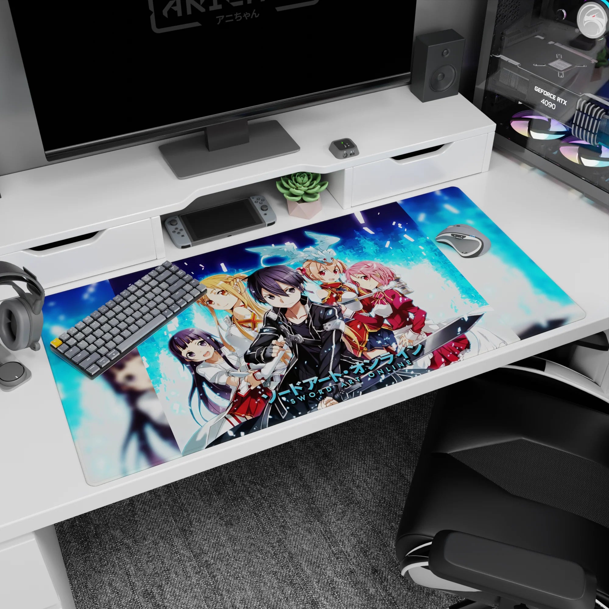 Sword Art Online desk pad 40x20 inches featuring Kirito, Asuna, Silica, Lisbeth, Yui in pixelated blue and digital fire.