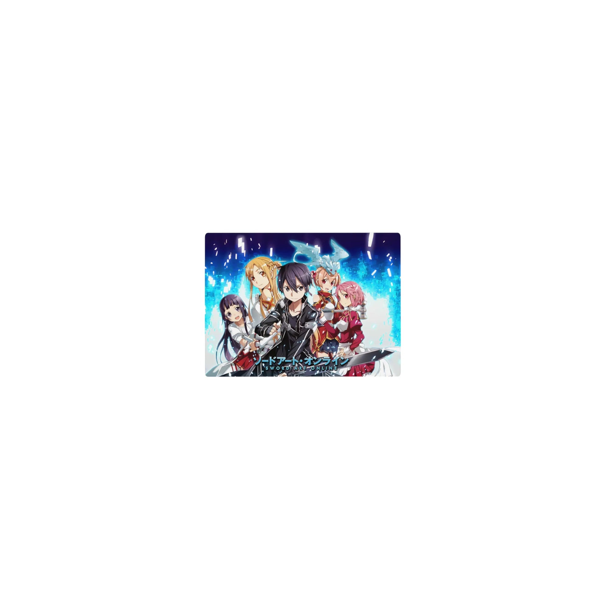 Sword Art Online mouse pad 14x10 inches featuring Kirito, Asuna, Silica, Lisbeth, and Yui in pixelated blue and digital fire.